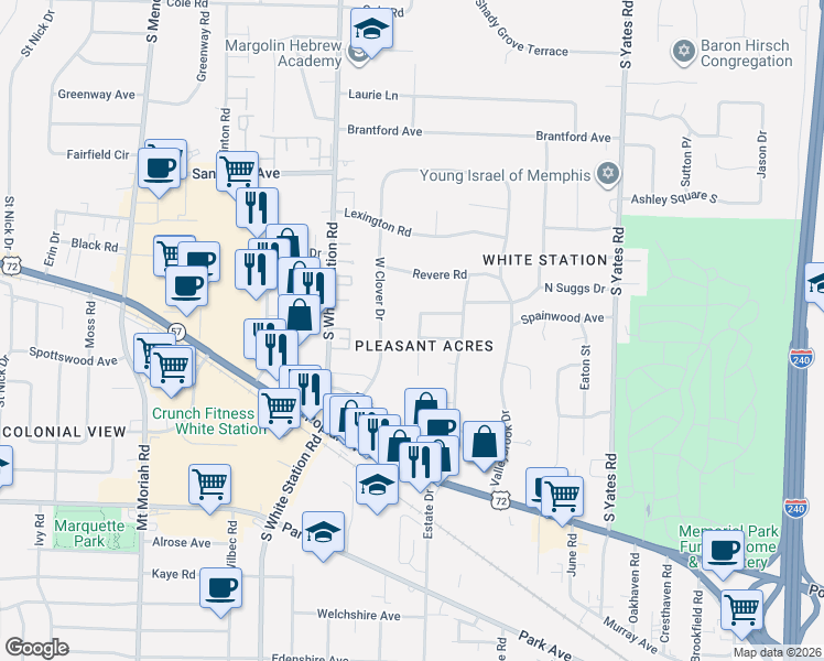 map of restaurants, bars, coffee shops, grocery stores, and more near 5264 Keatswood Circle South in Memphis