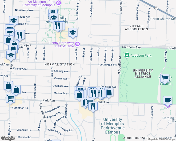 map of restaurants, bars, coffee shops, grocery stores, and more near 713 Normal Circle in Memphis