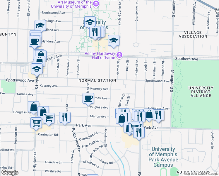 map of restaurants, bars, coffee shops, grocery stores, and more near 3803 Kearney Avenue in Memphis