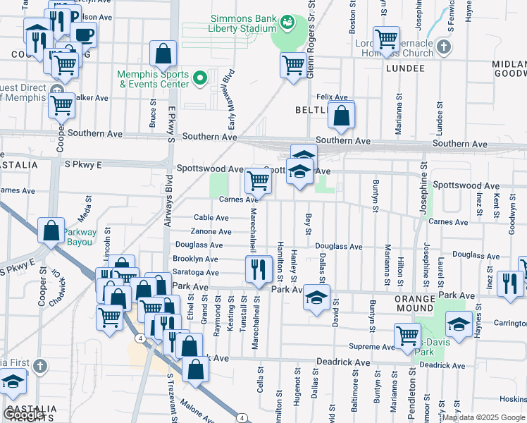 map of restaurants, bars, coffee shops, grocery stores, and more near 741 Cella Street in Memphis