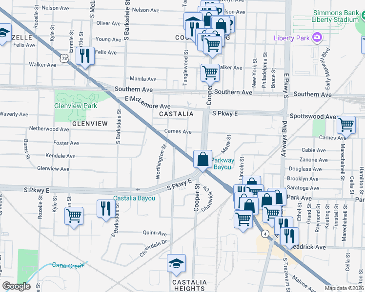 map of restaurants, bars, coffee shops, grocery stores, and more near 1237 Tanglewood Street in Memphis