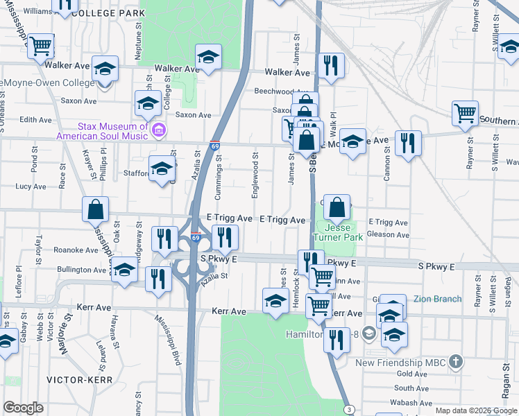 map of restaurants, bars, coffee shops, grocery stores, and more near 1267 Englewood Street in Memphis