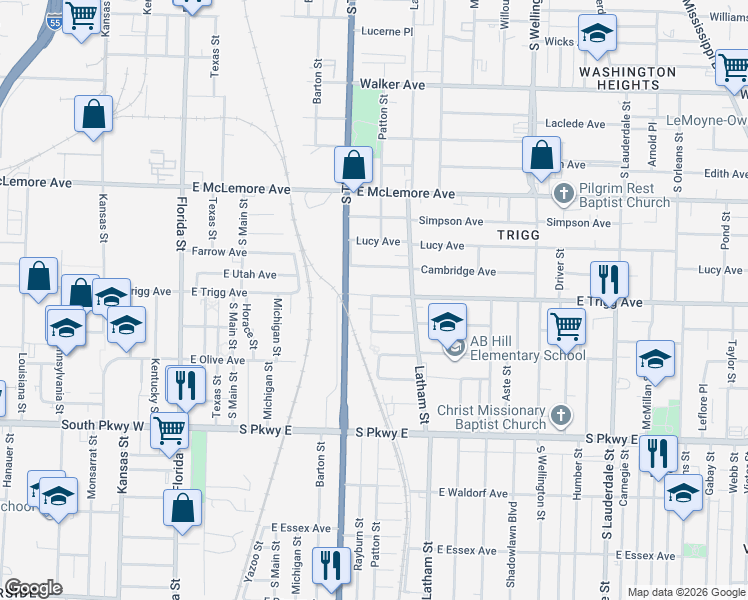 map of restaurants, bars, coffee shops, grocery stores, and more near 251 East Trigg Avenue in Memphis