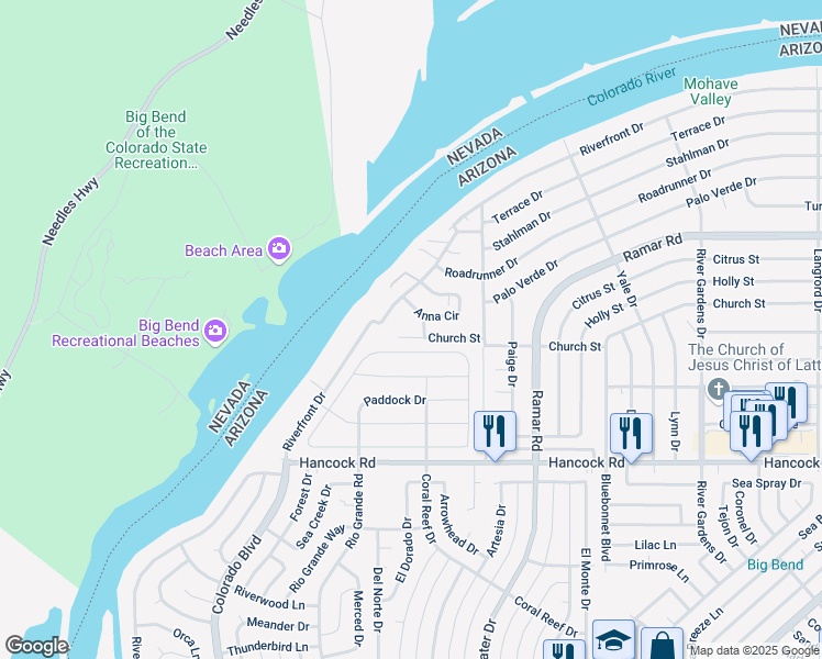 map of restaurants, bars, coffee shops, grocery stores, and more near 355 Church Street in Bullhead City