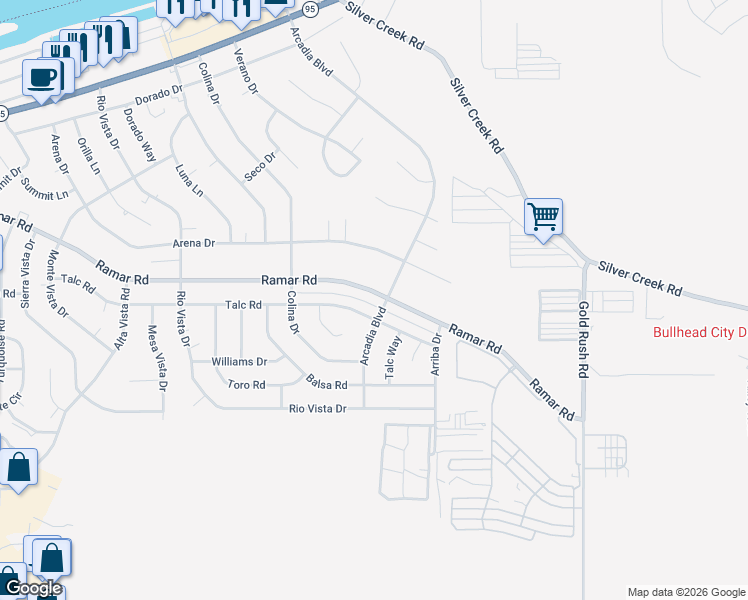 map of restaurants, bars, coffee shops, grocery stores, and more near 1615-1619 Arcadia Boulevard in Bullhead City
