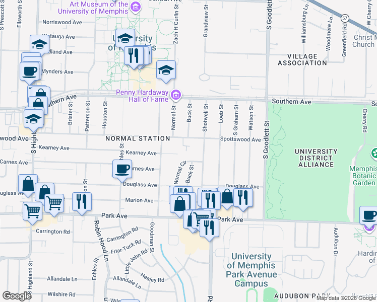 map of restaurants, bars, coffee shops, grocery stores, and more near 713 Normal Circle in Memphis