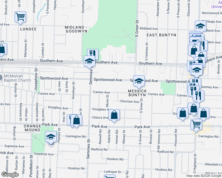 map of restaurants, bars, coffee shops, grocery stores, and more near 3128 Carnes Avenue in Memphis