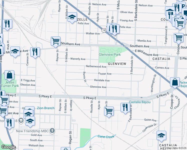 map of restaurants, bars, coffee shops, grocery stores, and more near 1692 Kendale Avenue in Memphis