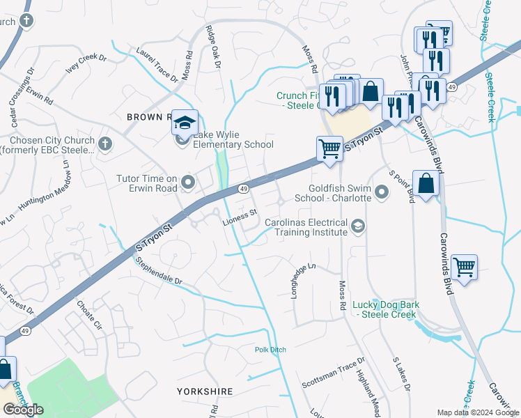 map of restaurants, bars, coffee shops, grocery stores, and more near 11159 Lions Mane Street in Charlotte