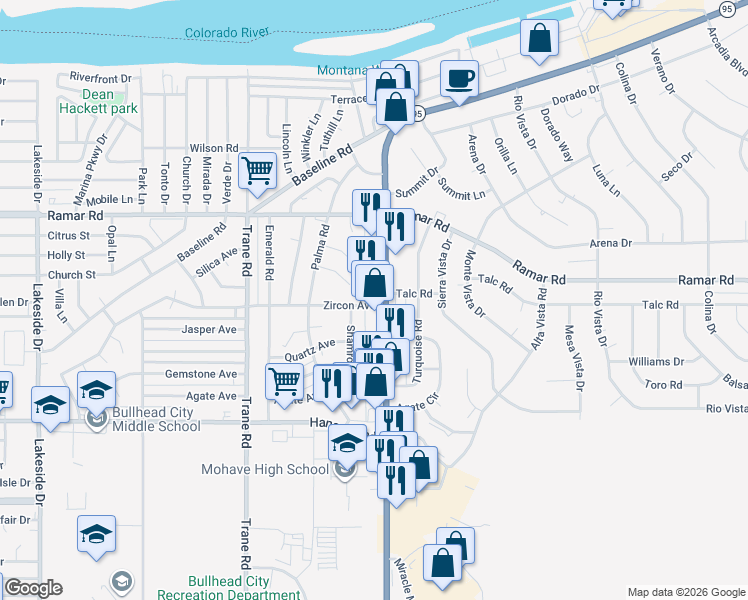 map of restaurants, bars, coffee shops, grocery stores, and more near 2079 Arizona 95 in Bullhead City