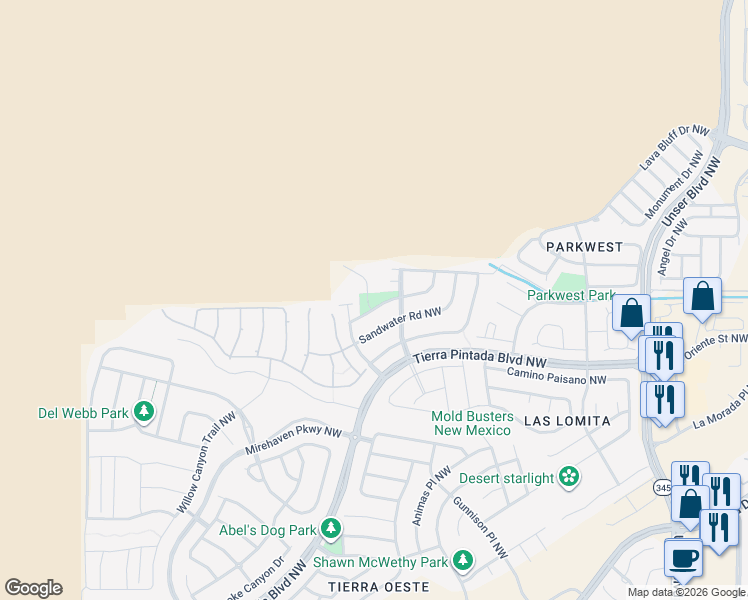 map of restaurants, bars, coffee shops, grocery stores, and more near 99999 Desert Rain Road Northwest in Albuquerque