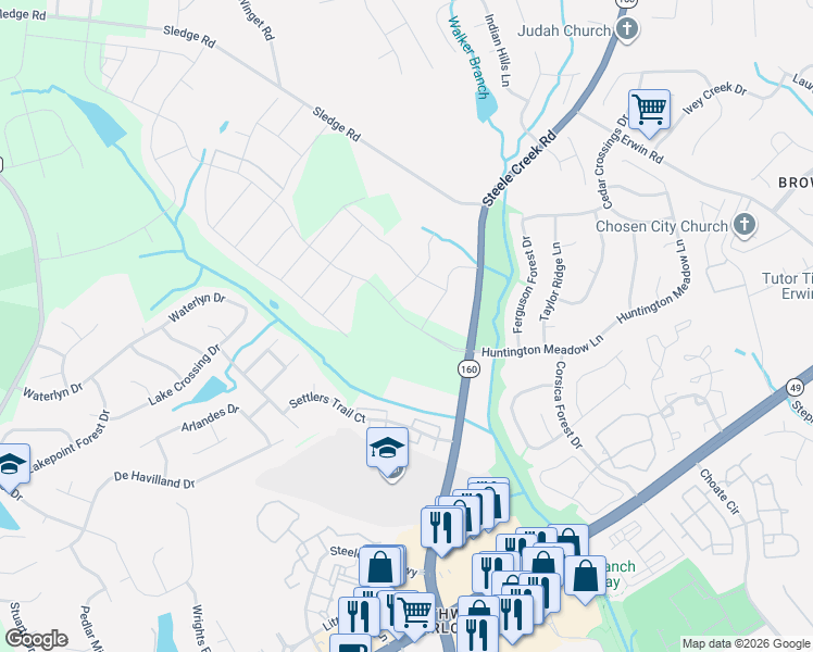 map of restaurants, bars, coffee shops, grocery stores, and more near 13320 Steele Creek Road in Charlotte