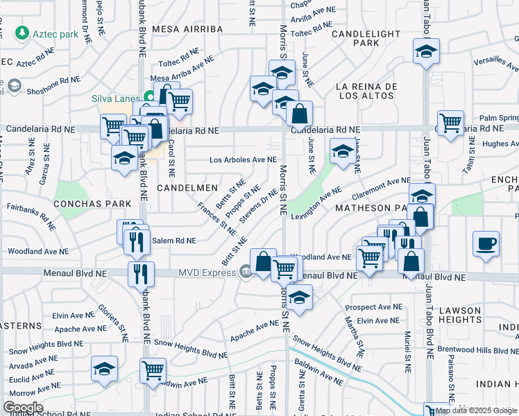 map of restaurants, bars, coffee shops, grocery stores, and more near 2509 Britt Street Northeast in Albuquerque