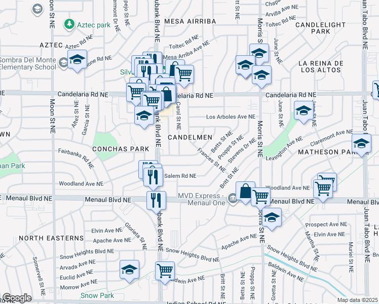 map of restaurants, bars, coffee shops, grocery stores, and more near 10004 Claremont Avenue Northeast in Albuquerque
