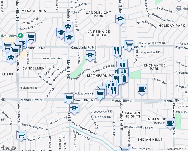 map of restaurants, bars, coffee shops, grocery stores, and more near 10908 Fairbanks Road Northeast in Albuquerque