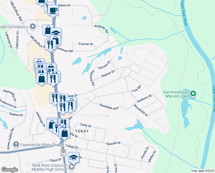map of restaurants, bars, coffee shops, grocery stores, and more near 500 Longview Drive in Fayetteville