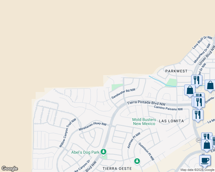 map of restaurants, bars, coffee shops, grocery stores, and more near 2316 Westcreek Place Northwest in Albuquerque