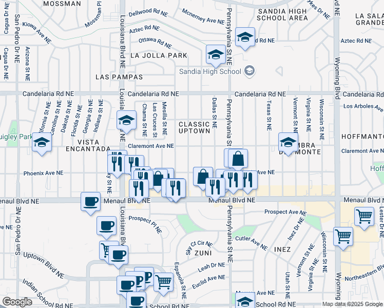 map of restaurants, bars, coffee shops, grocery stores, and more near 2720 San Pablo Street Northeast in Albuquerque