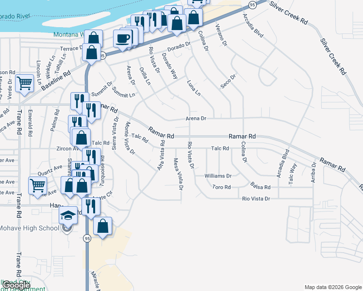 map of restaurants, bars, coffee shops, grocery stores, and more near 1666 Talc Road in Bullhead City