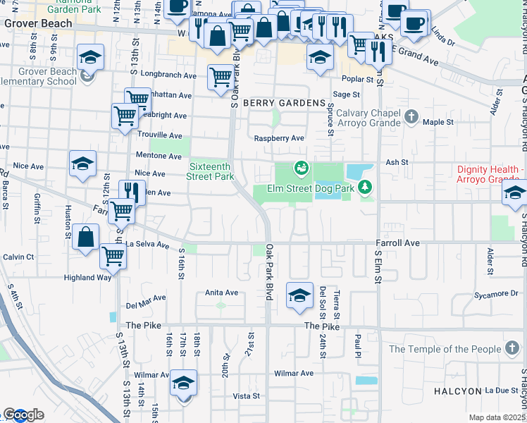 map of restaurants, bars, coffee shops, grocery stores, and more near Oak Park Boulevard & Dixson Street in Arroyo Grande
