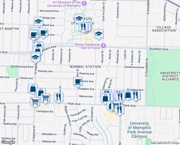 map of restaurants, bars, coffee shops, grocery stores, and more near 3784 Kearney Avenue in Memphis