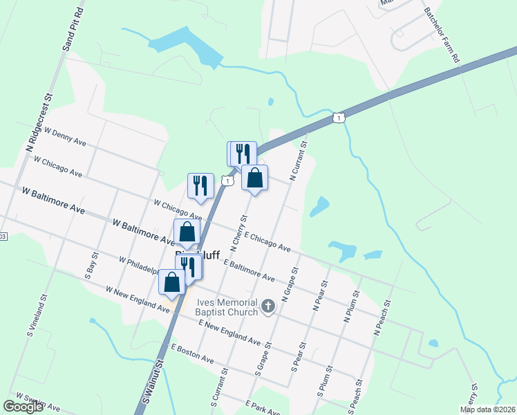 map of restaurants, bars, coffee shops, grocery stores, and more near 325 North Cherry Street in Pinebluff