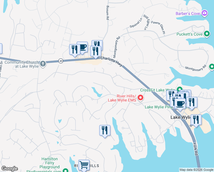 map of restaurants, bars, coffee shops, grocery stores, and more near 2 Lake Ridge Road in Clover