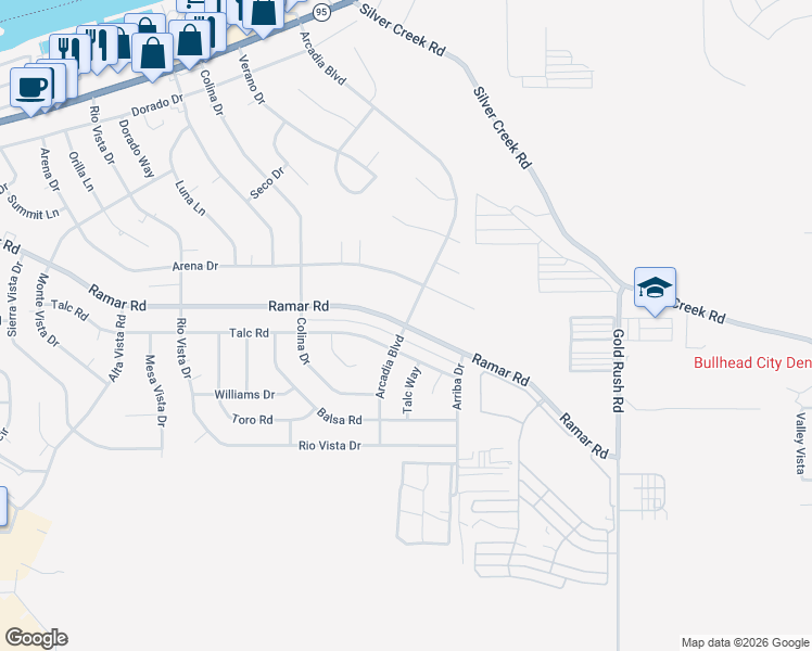 map of restaurants, bars, coffee shops, grocery stores, and more near 1615 Arcadia Boulevard in Bullhead City