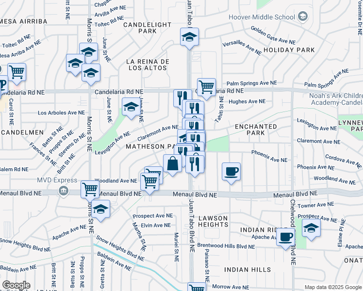 map of restaurants, bars, coffee shops, grocery stores, and more near 2600 Muriel Street Northeast in Albuquerque