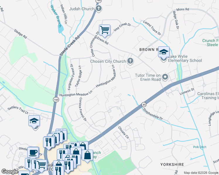 map of restaurants, bars, coffee shops, grocery stores, and more near 14315 Tranters Creek Lane in Charlotte