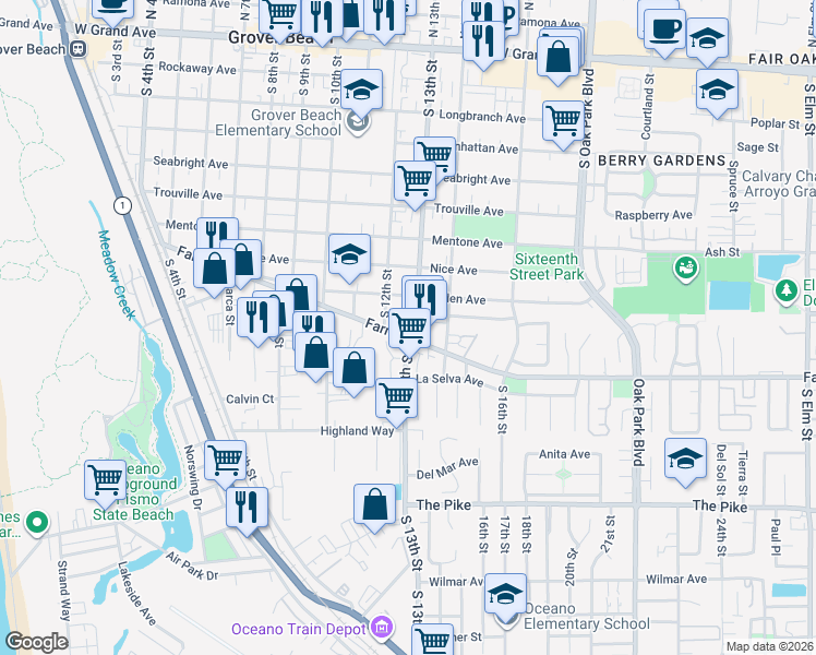 map of restaurants, bars, coffee shops, grocery stores, and more near 1278 Farroll Road in Grover Beach