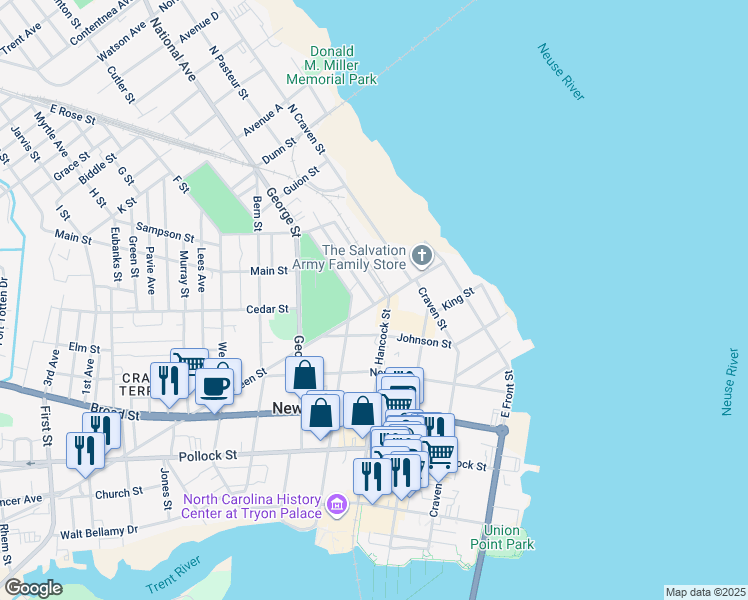 map of restaurants, bars, coffee shops, grocery stores, and more near 516 Queen Street in New Bern