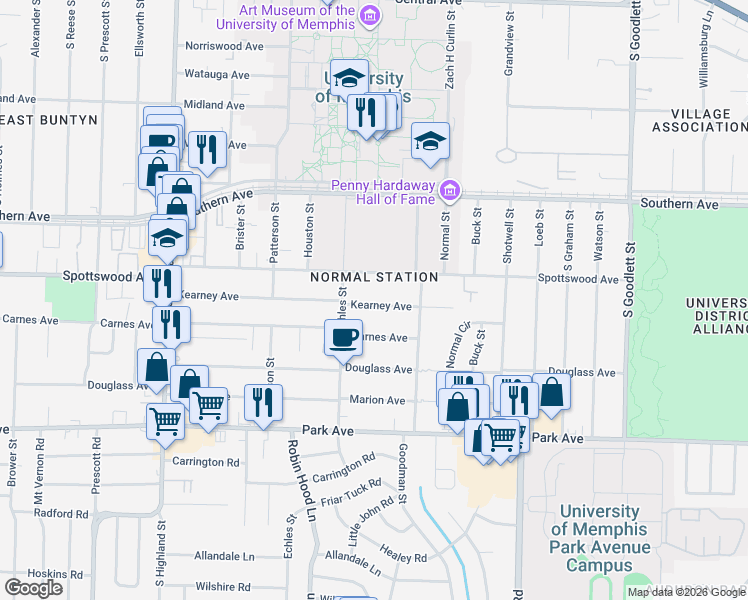 map of restaurants, bars, coffee shops, grocery stores, and more near 3765 Kearney Avenue in Memphis