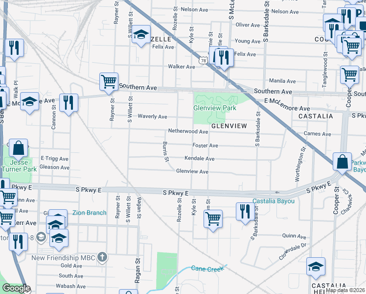 map of restaurants, bars, coffee shops, grocery stores, and more near 1692 Kendale Avenue in Memphis