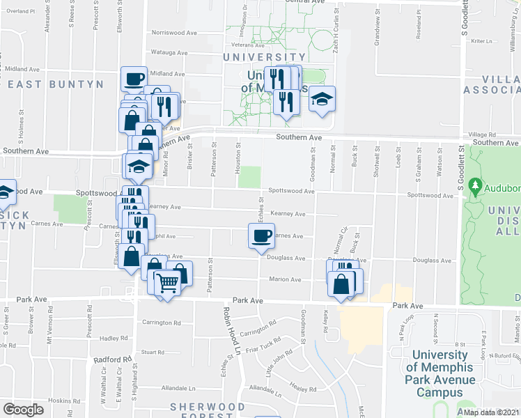 map of restaurants, bars, coffee shops, grocery stores, and more near Echles St & Kearney Ave in Memphis