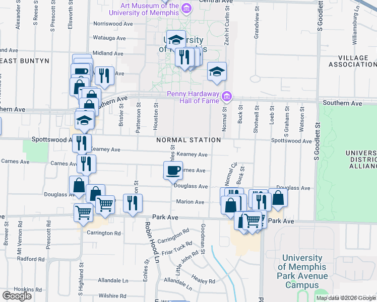 map of restaurants, bars, coffee shops, grocery stores, and more near 3765 Kearney Avenue in Memphis