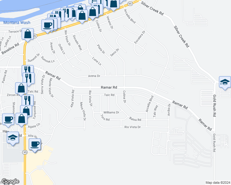 map of restaurants, bars, coffee shops, grocery stores, and more near 1731 Talc Road in Bullhead City