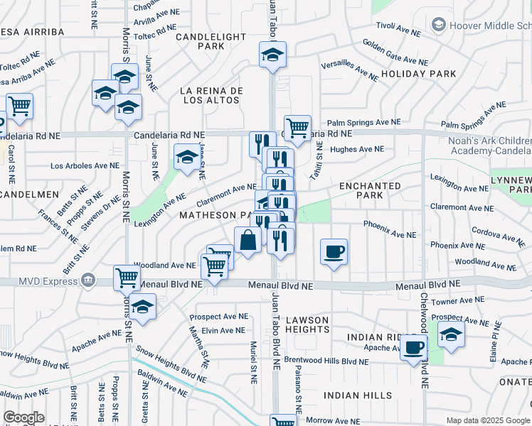 map of restaurants, bars, coffee shops, grocery stores, and more near 2600 Muriel Street Northeast in Albuquerque