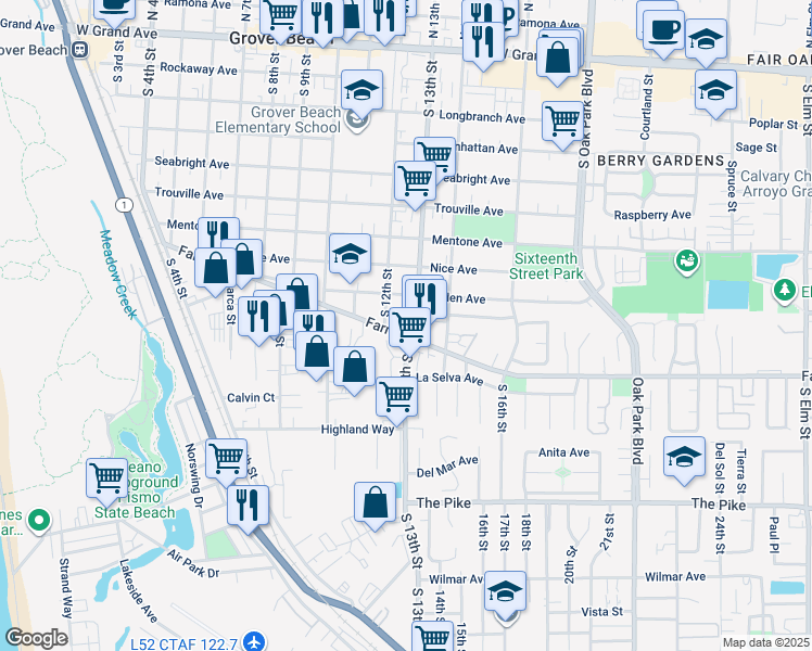 map of restaurants, bars, coffee shops, grocery stores, and more near 976 South 13th Street in Grover Beach