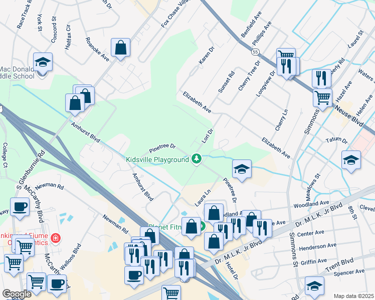 map of restaurants, bars, coffee shops, grocery stores, and more near 930 Dickinson Court in New Bern