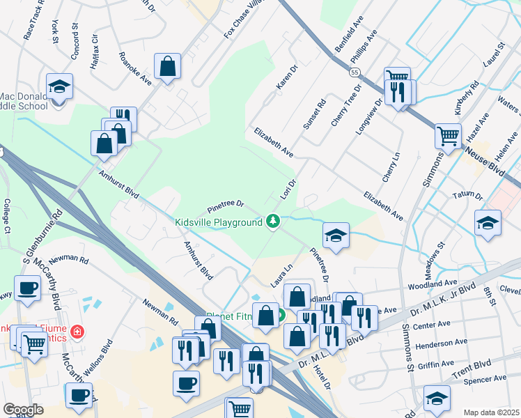 map of restaurants, bars, coffee shops, grocery stores, and more near 930 Dickinson Court in New Bern