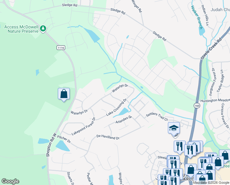 map of restaurants, bars, coffee shops, grocery stores, and more near 12723 Settlers Path Lane in Charlotte