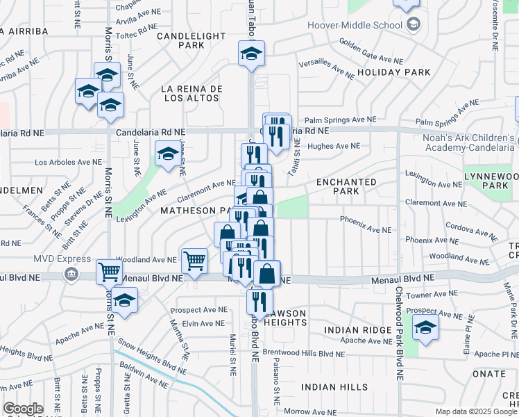 map of restaurants, bars, coffee shops, grocery stores, and more near 2520 Juan Tabo Boulevard Northeast in Albuquerque