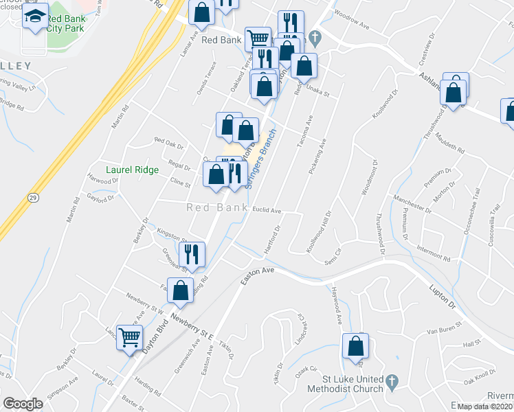map of restaurants, bars, coffee shops, grocery stores, and more near 3500 Redding Road in Chattanooga