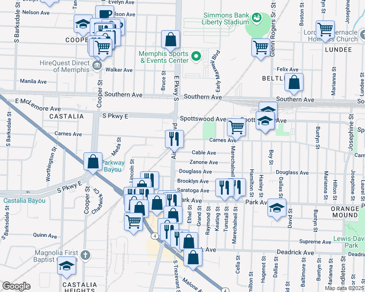 map of restaurants, bars, coffee shops, grocery stores, and more near 2362 Cable Avenue in Memphis