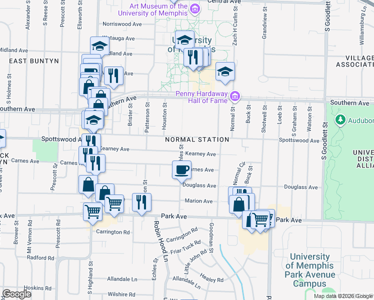 map of restaurants, bars, coffee shops, grocery stores, and more near 3734 Kearney Avenue in Memphis