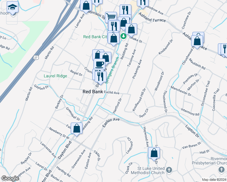 map of restaurants, bars, coffee shops, grocery stores, and more near 203 Euclid Avenue in Chattanooga