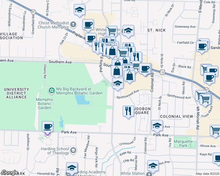 map of restaurants, bars, coffee shops, grocery stores, and more near 707 South Perkins Road in Memphis