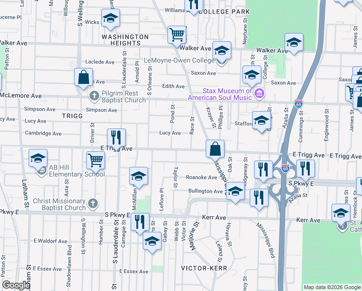 map of restaurants, bars, coffee shops, grocery stores, and more near 745 East Trigg Avenue in Memphis