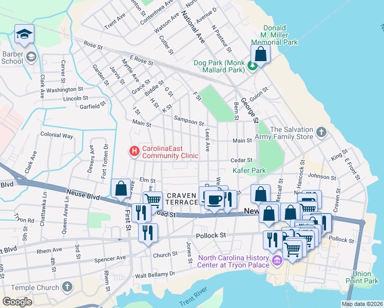 map of restaurants, bars, coffee shops, grocery stores, and more near 1002-1004 Cedar St in New Bern
